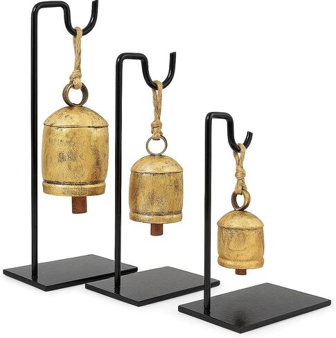Antique Vintage Handmade Set of 3 Giant Harmony Cow Golden Solid Brass Bells, Premium Bells with Metal Stand, Bell for Door, Christmas, Home and Office Decor, Collectible Gift Item in Saudi Arabia