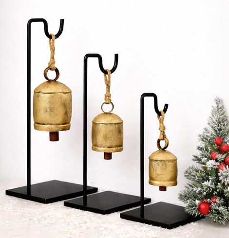 Antique Vintage Handmade Set of 3 Giant Harmony Cow Golden Solid Brass Bells, Premium Bells with Metal Stand, Bell for Door, Christmas, Home and Office Decor, Collectible Gift Item in Saudi Arabia