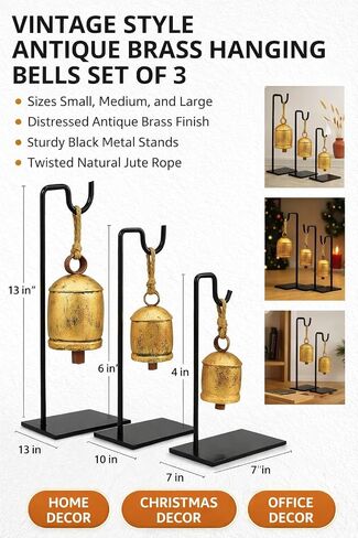 Antique Vintage Handmade Set of 3 Giant Harmony Cow Golden Solid Brass Bells, Premium Bells with Metal Stand, Bell for Door, Christmas, Home and Office Decor, Collectible Gift Item in Saudi Arabia