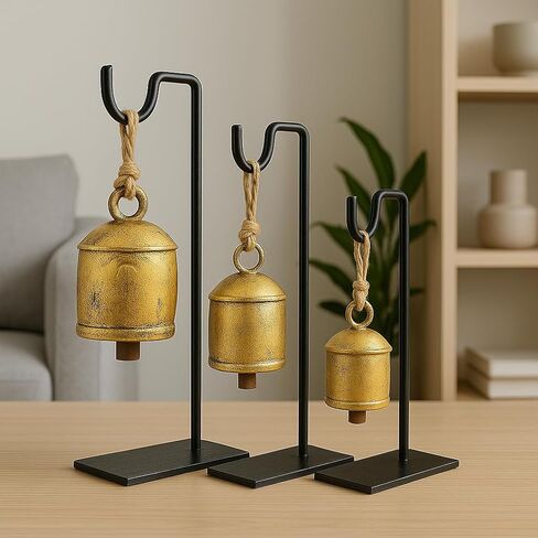 Antique Vintage Handmade Set of 3 Giant Harmony Cow Golden Solid Brass Bells, Premium Bells with Metal Stand, Bell for Door, Christmas, Home and Office Decor, Collectible Gift Item in Saudi Arabia