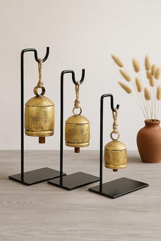 Antique Vintage Handmade Set of 3 Giant Harmony Cow Golden Solid Brass Bells, Premium Bells with Metal Stand, Bell for Door, Christmas, Home and Office Decor, Collectible Gift Item in Saudi Arabia