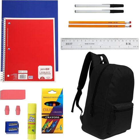 17 Inch Bulk Backpacks in Black Color with 18 Piece Student Supplies Kits - Pens, Pencils, Crayons, and More, Wholesale Case of 6 Value Bundle Packs in Saudi Arabia