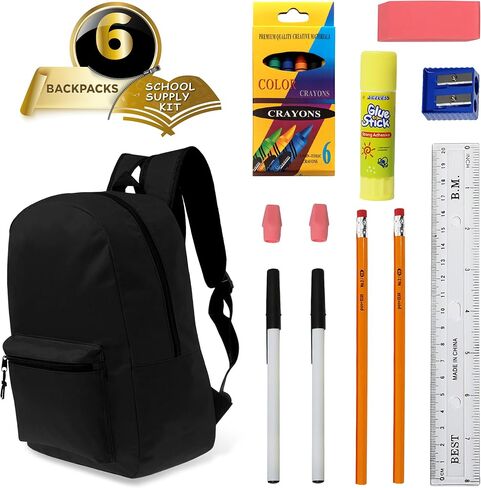 17 Inch Bulk Backpacks in Black Color with 18 Piece Student Supplies Kits - Pens, Pencils, Crayons, and More, Wholesale Case of 6 Value Bundle Packs in Saudi Arabia