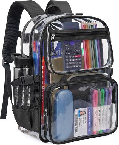 Clear Backpack for School, Heavy Duty PVC Transparent Bookbag with Laptop Compartment for Girl Boy, Large Capacity See Through Clear Bag for Stadium Events College Security Travel, Black in Kuwait