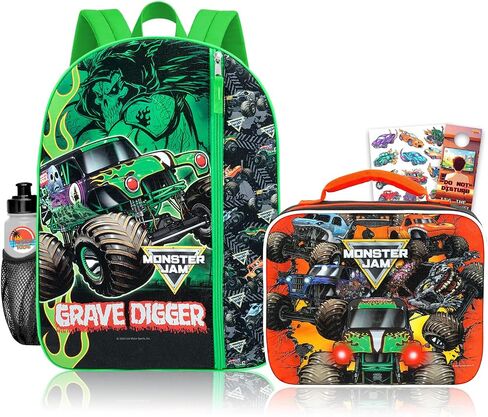حقيبة ظهر Monster Jam مع صندوق غداء - حزمة مع حقيبة ظهر Grave Digger مقاس 16 بوصة، وحقيبة غداء، وزجاجة مياه، ووشم، والمزيد | حقيبة مدرسية Monster Jam للأولاد والأطفال in Kuwait