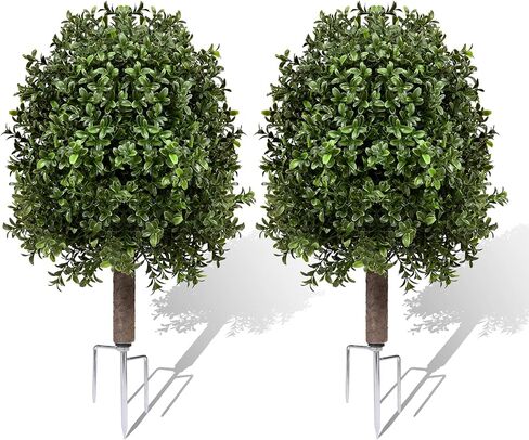 25" Artificial Boxwood Topiary Ball Tree - 2-Pack Realistic Touch Dual-Tone UV-Resistant Outdoor Fake Plant with Triangular Stake & Natural Trunk Texture, Faux Topiary Bush for Garden Porch Decor in Kuwait