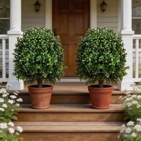 25" Artificial Boxwood Topiary Ball Tree - 2-Pack Realistic Touch Dual-Tone UV-Resistant Outdoor Fake Plant with Triangular Stake & Natural Trunk Texture, Faux Topiary Bush for Garden Porch Decor in Kuwait