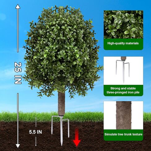 25" Artificial Boxwood Topiary Ball Tree - 2-Pack Realistic Touch Dual-Tone UV-Resistant Outdoor Fake Plant with Triangular Stake & Natural Trunk Texture, Faux Topiary Bush for Garden Porch Decor in Kuwait