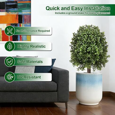 25" Artificial Boxwood Topiary Ball Tree - 2-Pack Realistic Touch Dual-Tone UV-Resistant Outdoor Fake Plant with Triangular Stake & Natural Trunk Texture, Faux Topiary Bush for Garden Porch Decor in Kuwait