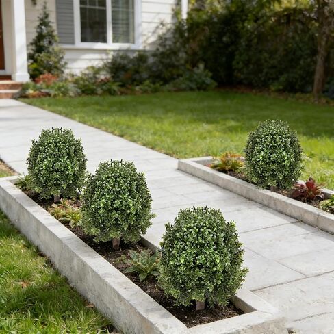 25" Artificial Boxwood Topiary Ball Tree - 2-Pack Realistic Touch Dual-Tone UV-Resistant Outdoor Fake Plant with Triangular Stake & Natural Trunk Texture, Faux Topiary Bush for Garden Porch Decor in Kuwait