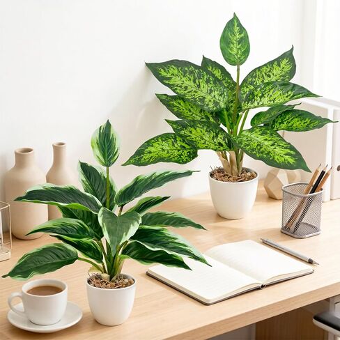 2 Pack Artificial Potted Plants, 16" Fake Plants Indoor in White Pots for Home Bathroom, Office Desk, Shelf - Realistic Faux Greenery Desk Plants for Living Room, Kitchen, Farmhouse Decor in Saudi Arabia