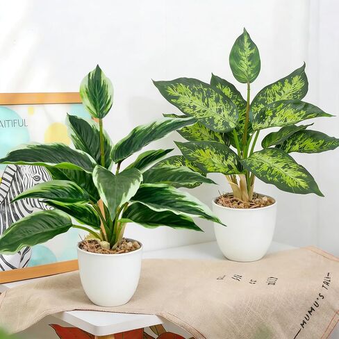 2 Pack Artificial Potted Plants, 16" Fake Plants Indoor in White Pots for Home Bathroom, Office Desk, Shelf - Realistic Faux Greenery Desk Plants for Living Room, Kitchen, Farmhouse Decor in Saudi Arabia