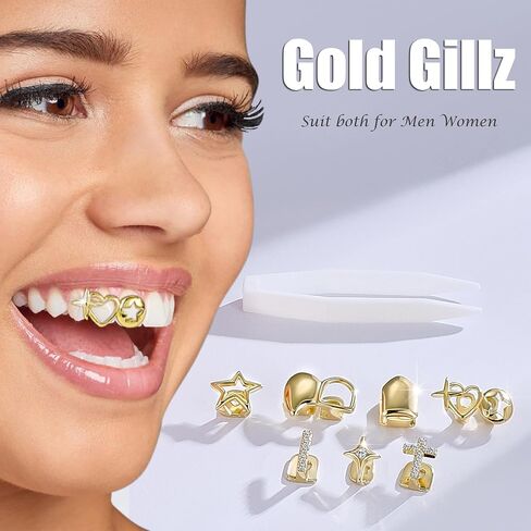 GIFIKOI 9Pcs Grillz Teeth Caps for Women Men Fake Tooth Cap Grill Dental Jewelry Kit for Teeth Hip Hop Halloween Party Single Grillz Jewelry Set Gold in Saudi Arabia