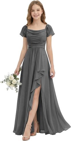 Square Neck Junior Bridesmaid Dresses Pleated Chiffon Flower Girl Dresses with Slit Girls Formal Party Dress in Kuwait