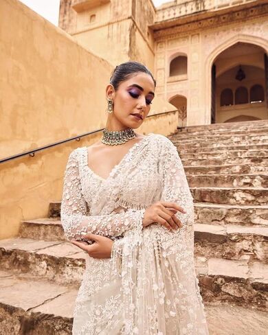Women's Net Sequin Embroidery Sequence Saree Work With Unstitched Blouse Piece in Kuwait