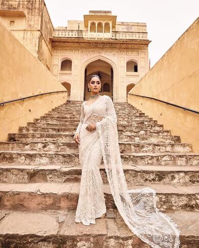 Women's Net Sequin Embroidery Sequence Saree Work With Unstitched Blouse Piece in Kuwait
