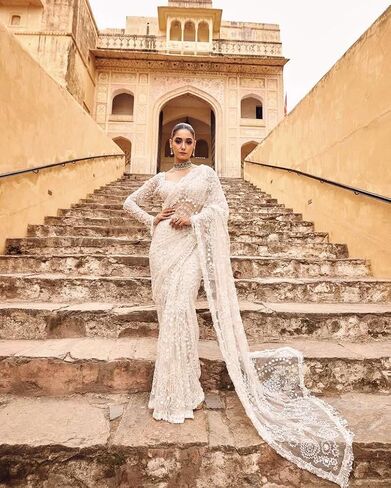 Women's Net Sequin Embroidery Sequence Saree Work With Unstitched Blouse Piece in Kuwait