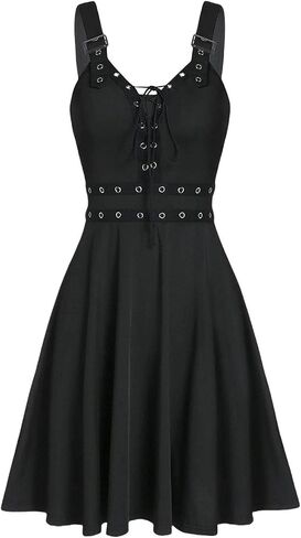Women Goth Punk V-Neck Open Back Midi Dress - Sleeveless Lace up Buckle Design, Hippie Style Casual Beachwear in Saudi Arabia