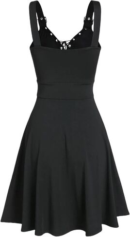 Women Goth Punk V-Neck Open Back Midi Dress - Sleeveless Lace up Buckle Design, Hippie Style Casual Beachwear in Saudi Arabia