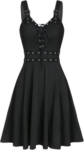Women Goth Punk V-Neck Open Back Midi Dress - Sleeveless Lace up Buckle Design, Hippie Style Casual Beachwear in Saudi Arabia