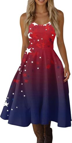 4th of July Dresses for Women Sleeveless Spaghetti Strap Festival Tank Dress A-Line Flared Ruffle Midi Sundress in Saudi Arabia
