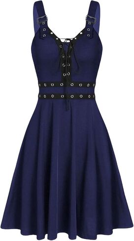Women Goth Punk V-Neck Open Back Midi Dress - Sleeveless Lace up Buckle Design, Hippie Style Casual Beachwear in Saudi Arabia