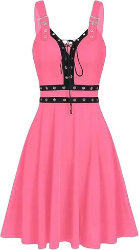 Women Goth Punk V-Neck Open Back Midi Dress - Sleeveless Lace up Buckle Design, Hippie Style Casual Beachwear in Saudi Arabia