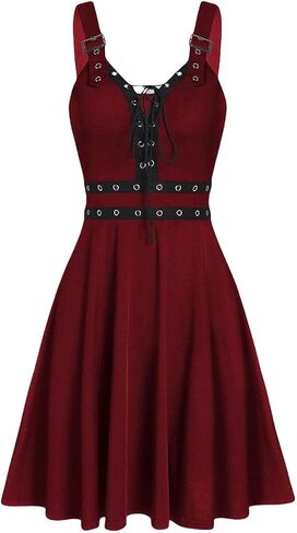 Women Goth Punk V-Neck Open Back Midi Dress - Sleeveless Lace up Buckle Design, Hippie Style Casual Beachwear in Saudi Arabia
