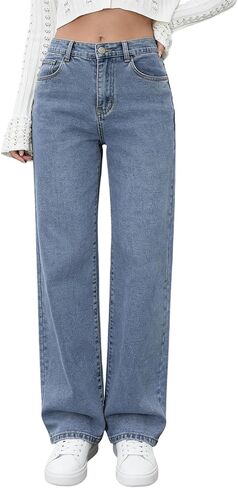 Women's Straight Leg Jeans- High Waisted Stretchy Wide Leg Denim Pants, Elastic Waistband & Classic Blue Vintage Wash in Saudi Arabia