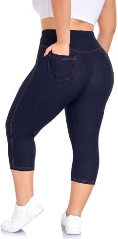 Jeggings for Women Plus Size Capri,High Waisted Stretchy Jean Pants Pull On Denim Capri Leggings with Pockets XL-4XL in Saudi Arabia