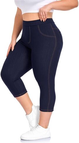 Jeggings for Women Plus Size Capri,High Waisted Stretchy Jean Pants Pull On Denim Capri Leggings with Pockets XL-4XL in Kuwait