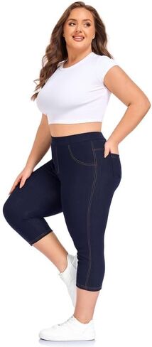 Jeggings for Women Plus Size Capri,High Waisted Stretchy Jean Pants Pull On Denim Capri Leggings with Pockets XL-4XL in Kuwait