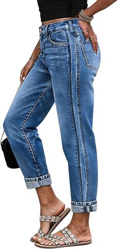 Flamingals Mid Waist Straight Leg Jeans for Women Wash Ripped Loose Fit Casual Trendy Barrel Crop Denim Jeans with Pockets in Kuwait