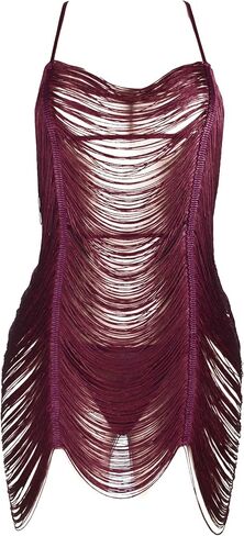 comeondear Women's Sheer Tassel Halter Dress See Through Backless Beach Cover Up Rave Party Night Clubwear Bodycon Dress in Kuwait