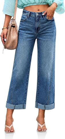 Cicy Bell Womens Cropped Jeans High Waisted Straight Wide Leg Cuffed Boyfriend Denim Pants with Pockets in Kuwait