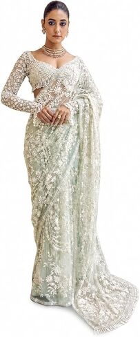 Women's Net Sequin Embroidery Sequence Saree Work With Unstitched Blouse Piece in Kuwait