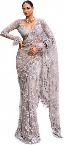 Women's Net Sequin Embroidery Sequence Saree Work With Unstitched Blouse Piece in Kuwait