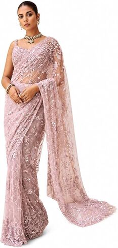 Women's Net Sequin Embroidery Sequence Saree Work With Unstitched Blouse Piece in Kuwait