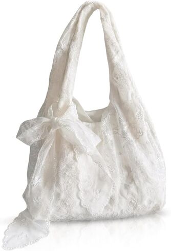 Lace Purse White Lace Tote Bag Boho Beach Summer Shoulder Purse Handbag with Bow Ribbon for Women Bridal Wedding in Saudi Arabia
