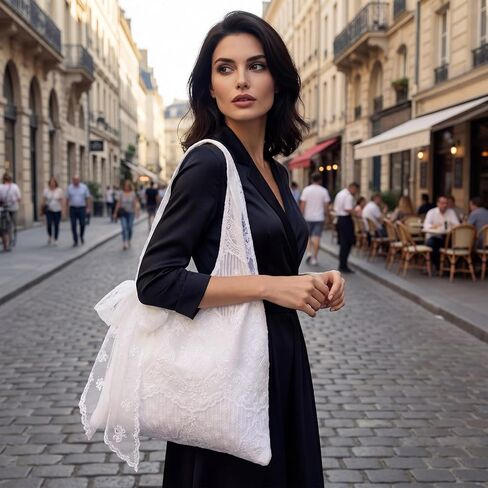 Lace Purse White Lace Tote Bag Boho Beach Summer Shoulder Purse Handbag with Bow Ribbon for Women Bridal Wedding in Saudi Arabia