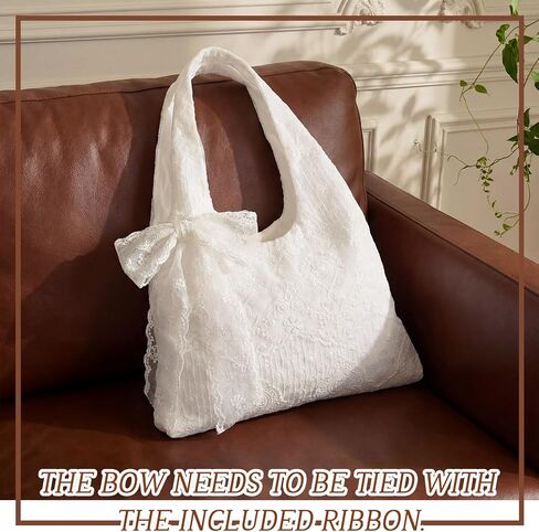 Lace Purse White Lace Tote Bag Boho Beach Summer Shoulder Purse Handbag with Bow Ribbon for Women Bridal Wedding in Saudi Arabia