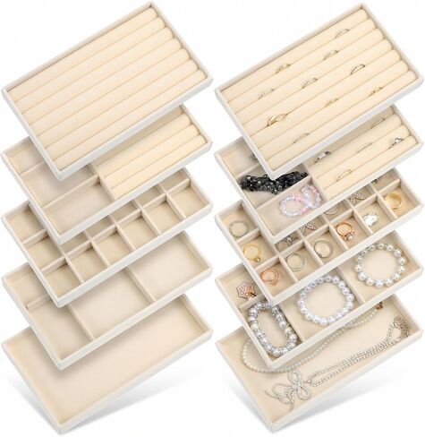 10 Pack Beige Jewelry Organizer Tray, Jewelry Drawer Organizer Inserts with Removable Dividers Stackable Velvet Ring Earring Storage for Rings Earrings Necklace Bracelet Watch Storage in Saudi Arabia
