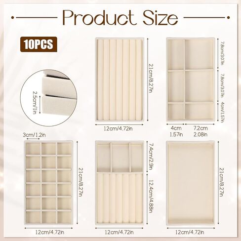 10 Pack Beige Jewelry Organizer Tray, Jewelry Drawer Organizer Inserts with Removable Dividers Stackable Velvet Ring Earring Storage for Rings Earrings Necklace Bracelet Watch Storage in Saudi Arabia