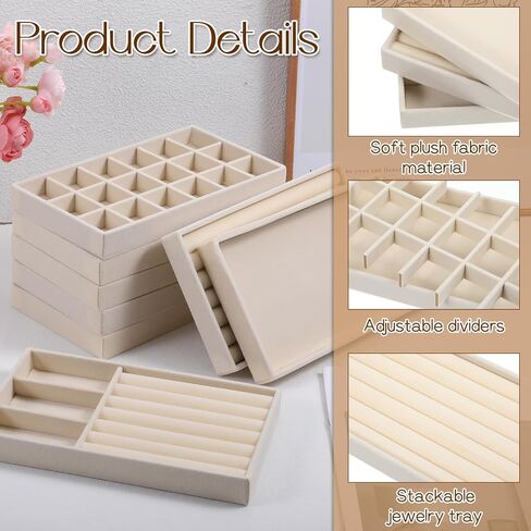 10 Pack Beige Jewelry Organizer Tray, Jewelry Drawer Organizer Inserts with Removable Dividers Stackable Velvet Ring Earring Storage for Rings Earrings Necklace Bracelet Watch Storage in Saudi Arabia
