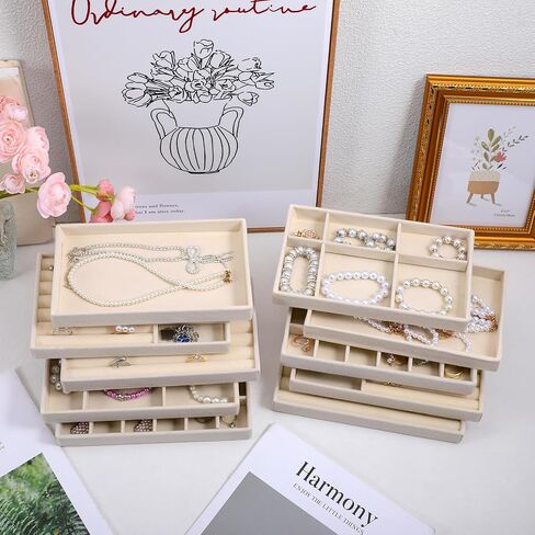 10 Pack Beige Jewelry Organizer Tray, Jewelry Drawer Organizer Inserts with Removable Dividers Stackable Velvet Ring Earring Storage for Rings Earrings Necklace Bracelet Watch Storage in Saudi Arabia