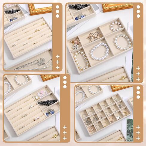 10 Pack Beige Jewelry Organizer Tray, Jewelry Drawer Organizer Inserts with Removable Dividers Stackable Velvet Ring Earring Storage for Rings Earrings Necklace Bracelet Watch Storage in Saudi Arabia