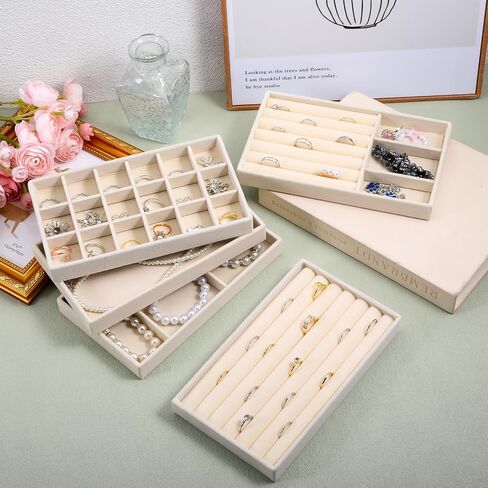 10 Pack Beige Jewelry Organizer Tray, Jewelry Drawer Organizer Inserts with Removable Dividers Stackable Velvet Ring Earring Storage for Rings Earrings Necklace Bracelet Watch Storage in Saudi Arabia