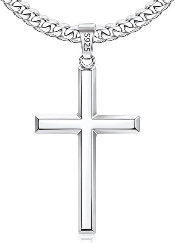 Jewlpire 925 Sterling Silver Cross Necklace for Men, 18k Gold Plated Sterling Silver Cross Necklace with 5mm Stainless Steel Cuban Link Chain for Men, 18 20 22 24 26 Inch in Kuwait