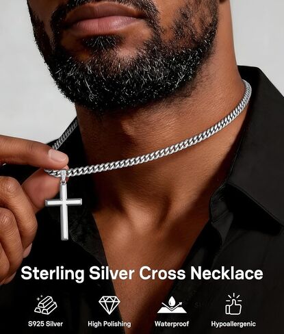Jewlpire 925 Sterling Silver Cross Necklace for Men, 18k Gold Plated Sterling Silver Cross Necklace with 5mm Stainless Steel Cuban Link Chain for Men, 18 20 22 24 26 Inch in Kuwait