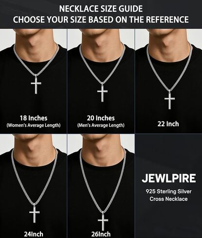 Jewlpire 925 Sterling Silver Cross Necklace for Men, 18k Gold Plated Sterling Silver Cross Necklace with 5mm Stainless Steel Cuban Link Chain for Men, 18 20 22 24 26 Inch in Kuwait